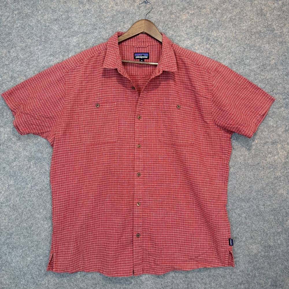 Patagonia Back Step Hemp Blend Shirt Mens 2XL Organic Crosshatch Grid Red Tee